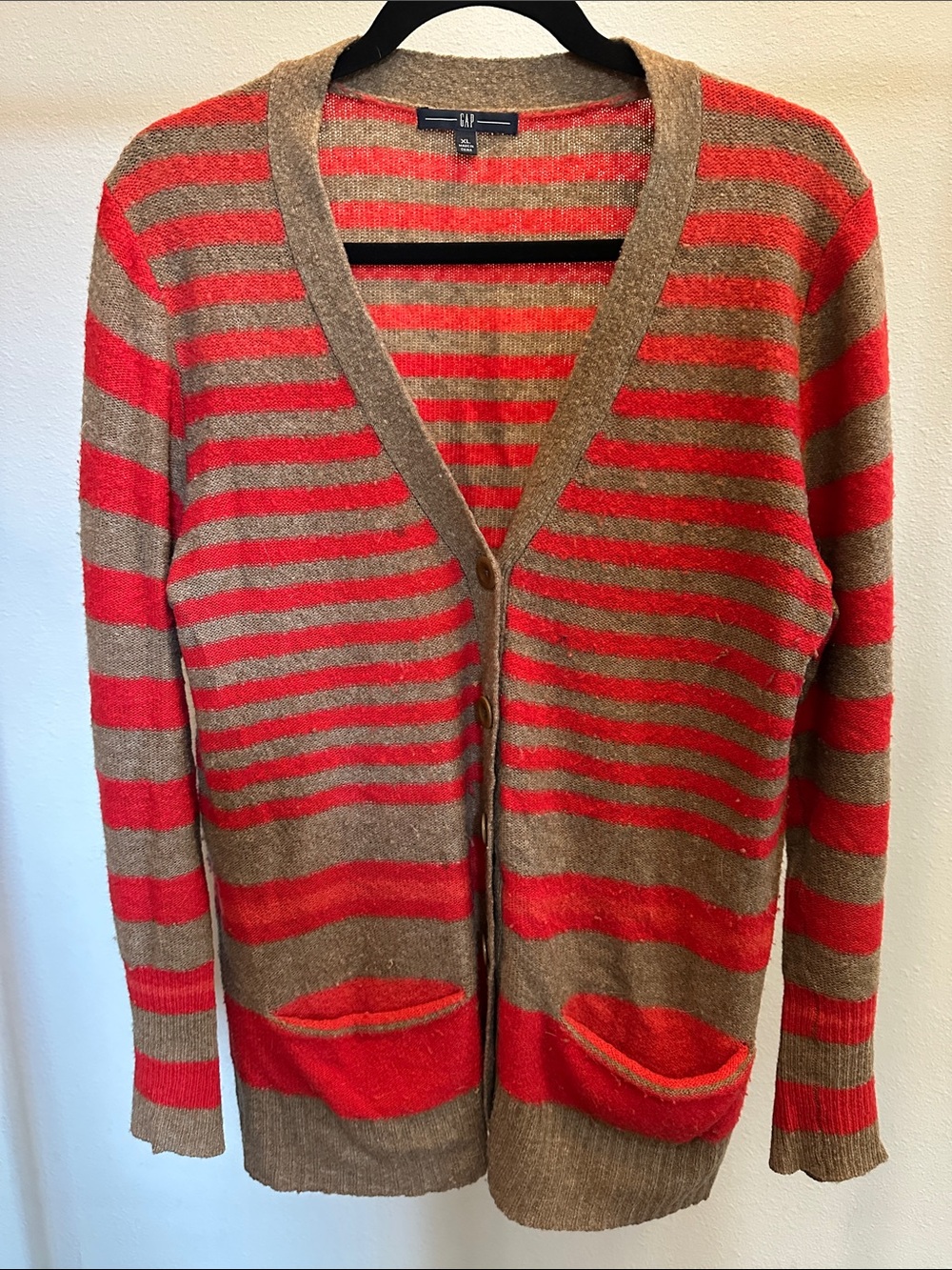 GAP Red and Tan Striped V-Neck Cardigan